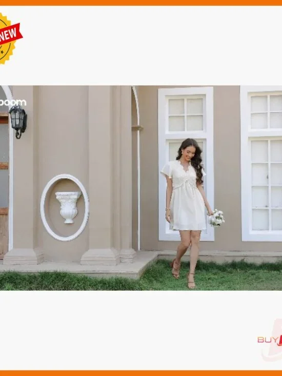 Floral Lace Deep V-Neck Mini Dress Flutter Sleeves A-Line Boho - Picture 6 of 6